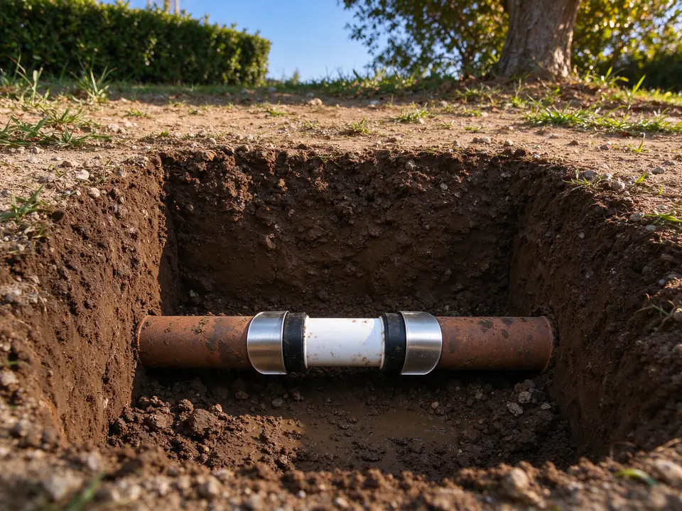 Clay sewer pipe after the broken joint was replaced with a short PVC section and shielded couplings