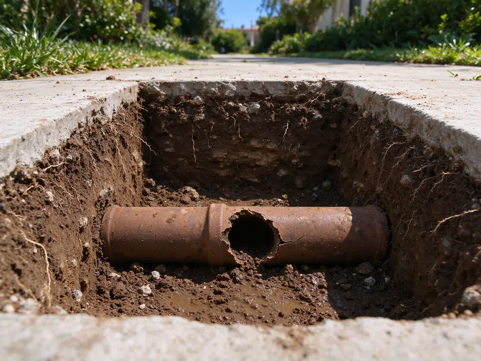 Clay sewer pipe with a broken joint exposed in a small excavation before spot repair