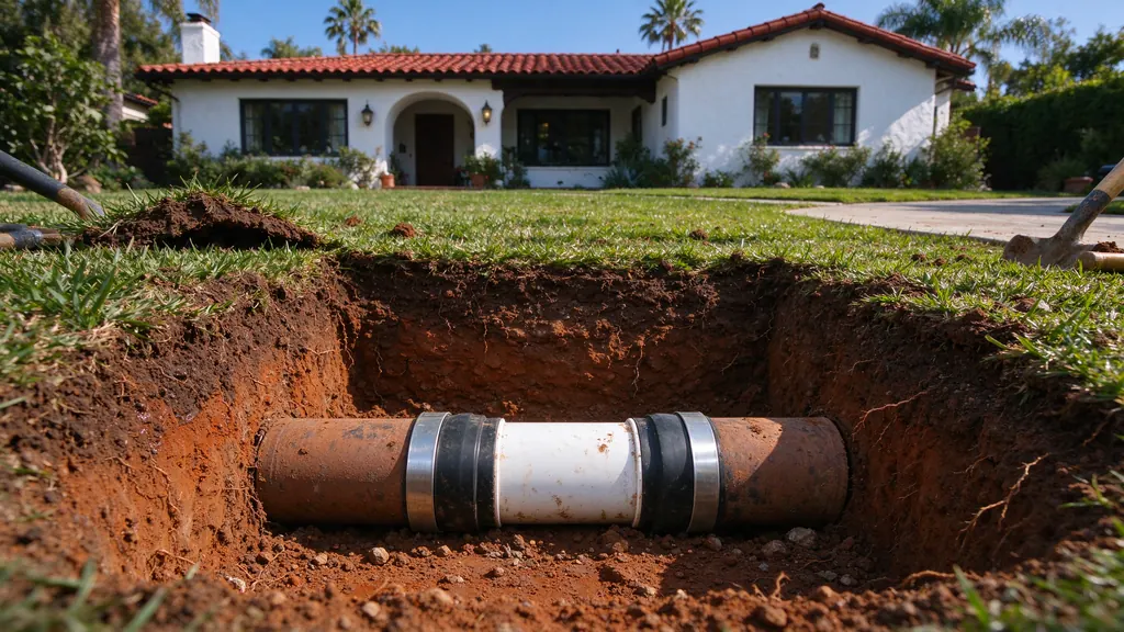Clay sewer pipe repaired with a short PVC section and shielded couplings in a pit in front of a Spanish revival house