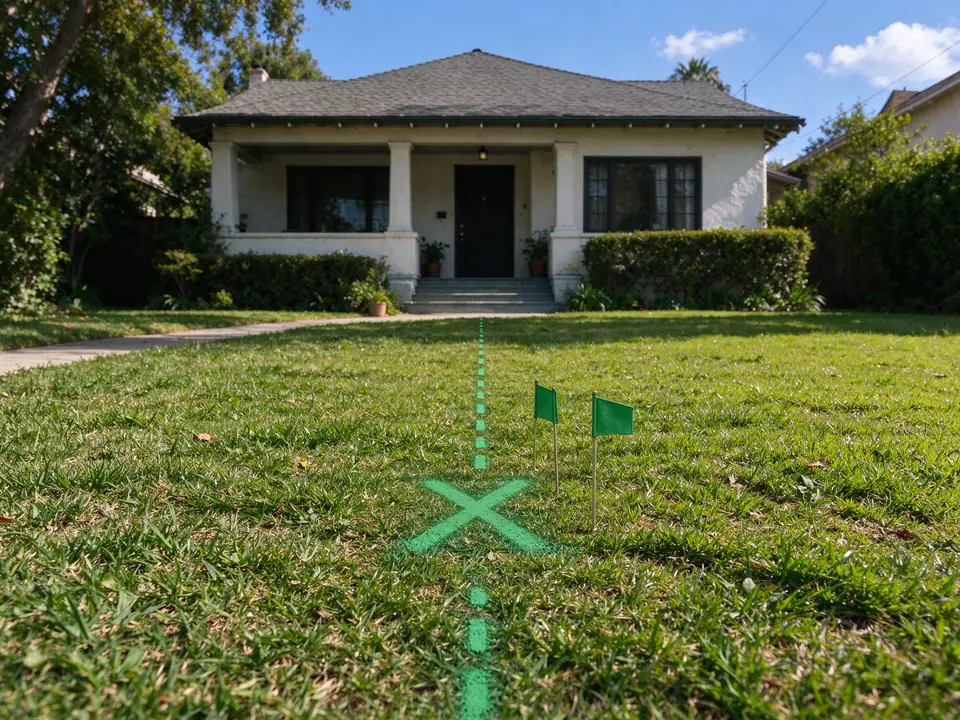 Green paint X marking a pinpointed sewer defect on a Los Angeles front lawn