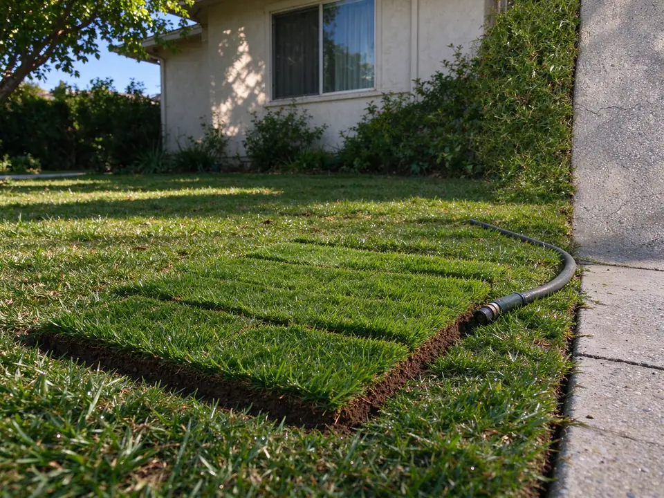Fresh sod patch beside a walkway over a completed sewer spot repair