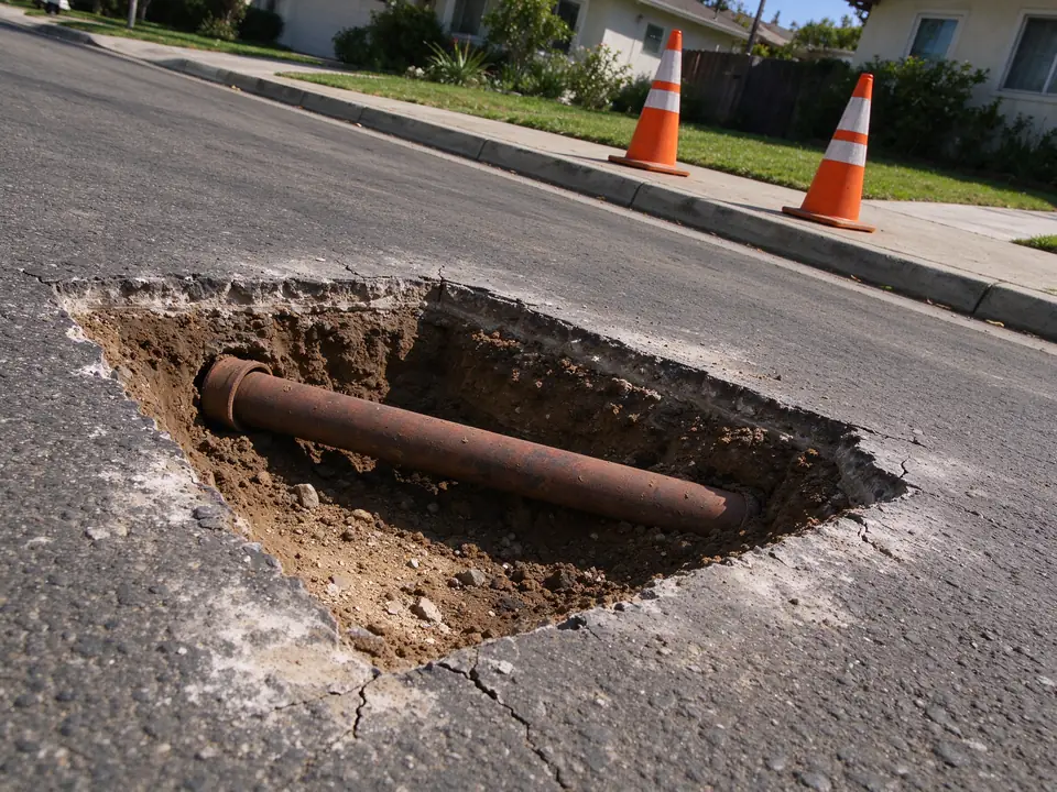 Excavation in a Los Angeles residential street near the curb, exposing a clay sewer lateral