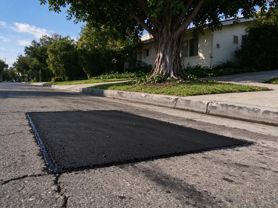 Fresh asphalt patch near the curb after a street sewer lateral repair in Los Angeles