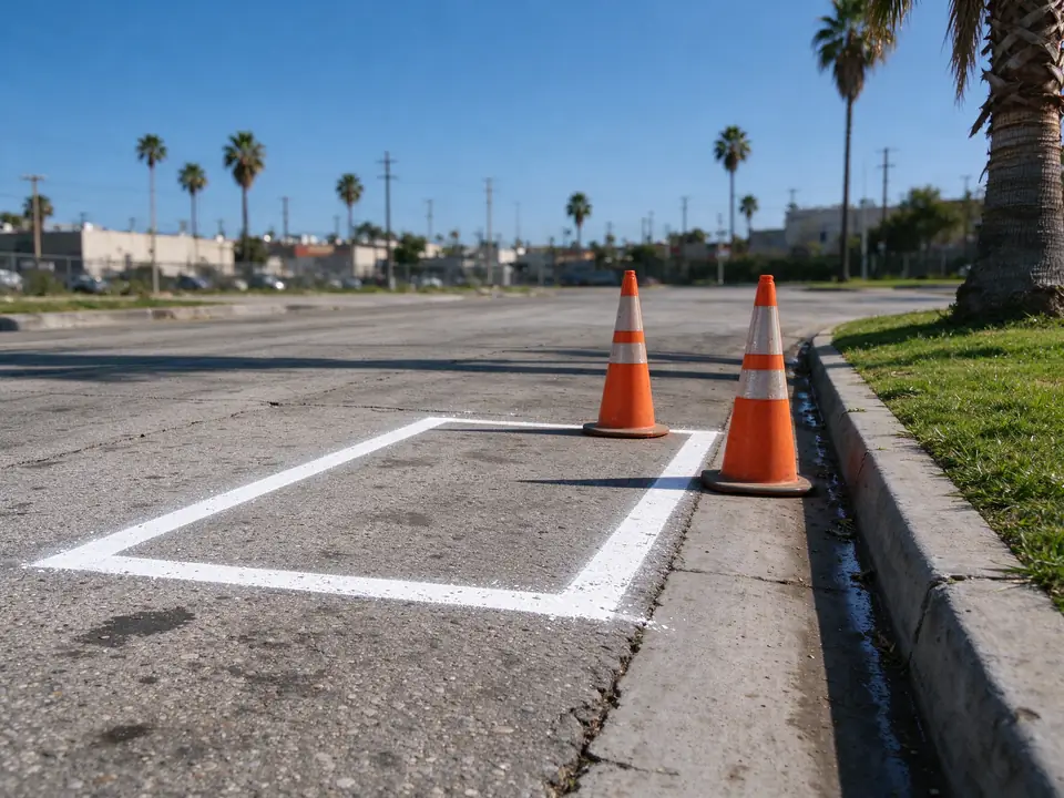 White paint outlining a planned street cut for a sewer lateral repair in Los Angeles