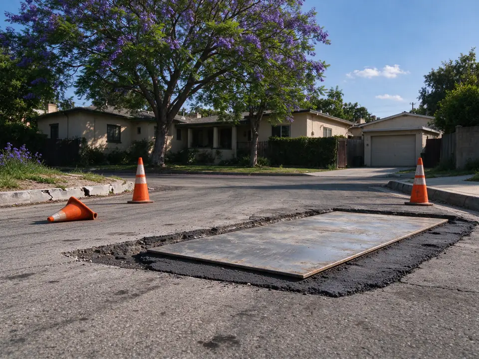 Steel road plate covering a sewer lateral excavation on a Los Angeles street