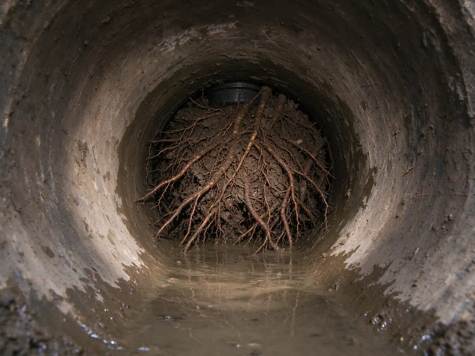 Sewer camera view of a dense root mass blocking a sewer pipe, with water backed up behind it