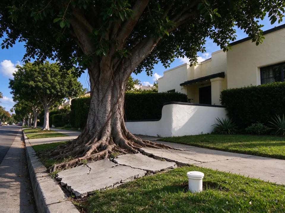 Mature parkway ficus with roots lifting the sidewalk near a sewer cleanout in Los Angeles