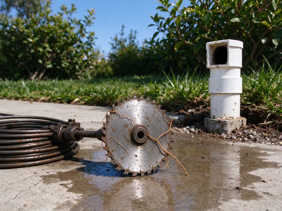 Toothed root-cutting blade on a drain cable beside an open sewer cleanout