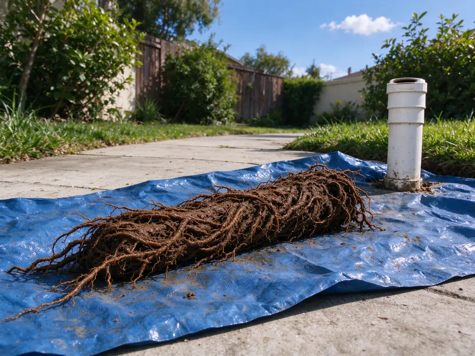 Rope-like mass of tree roots pulled from a sewer line, beside an open cleanout