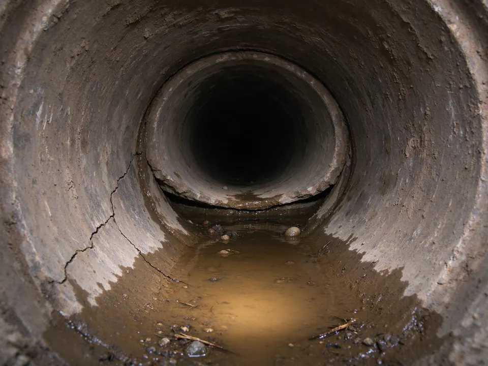 Sewer camera view of a cracked, offset clay pipe joint before trenchless repair
