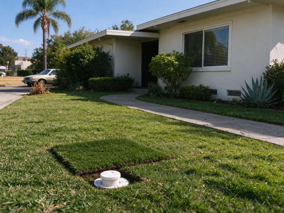 Los Angeles front lawn after trenchless sewer repair with only a small sod patch visible