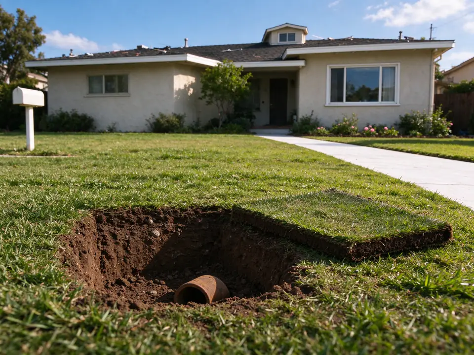 Small access pit in a Los Angeles front lawn exposing an old clay sewer pipe for trenchless repair